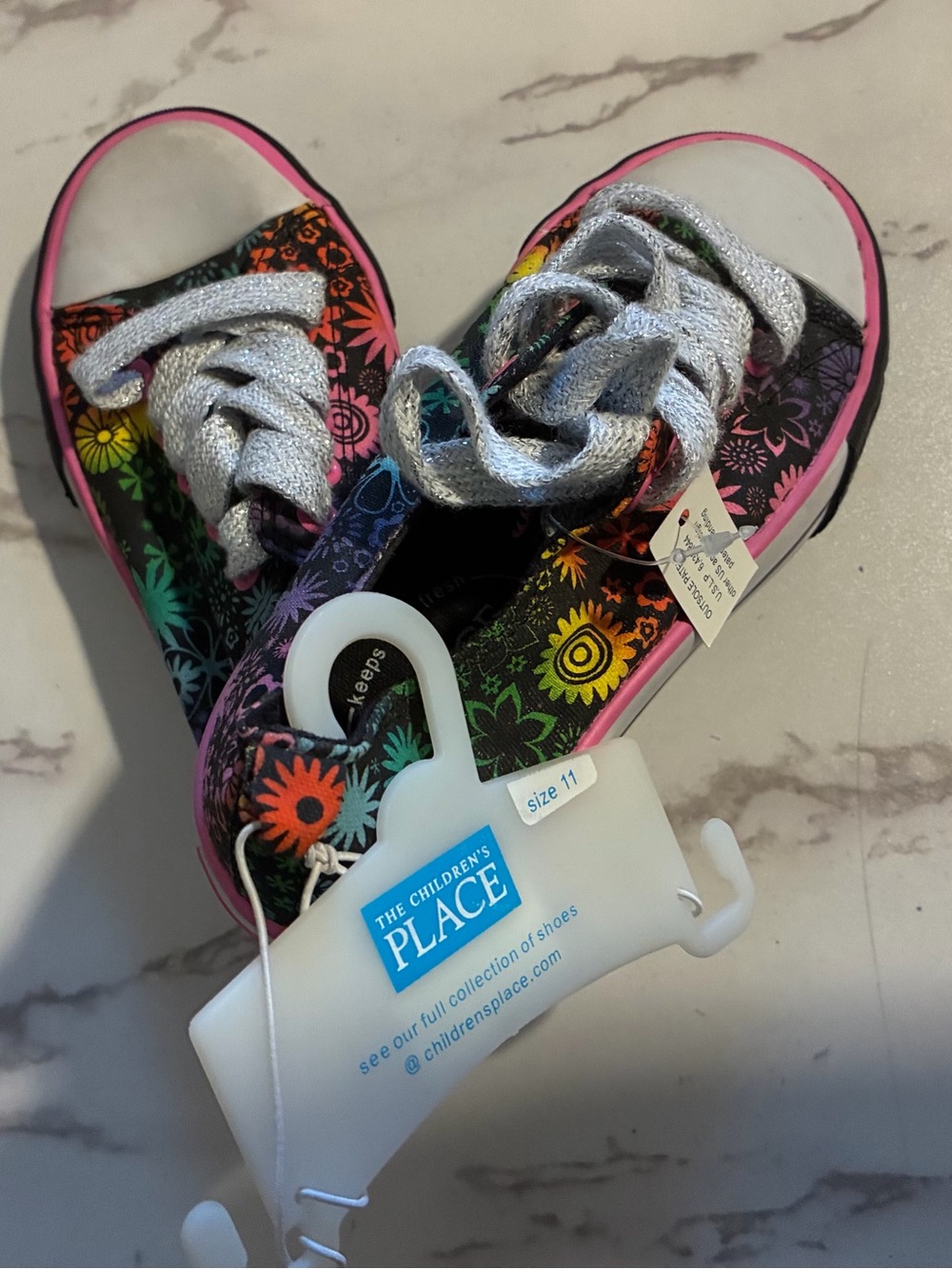 The Children's Place Black Floral Sneakers with Pink Trim and Silver Laces